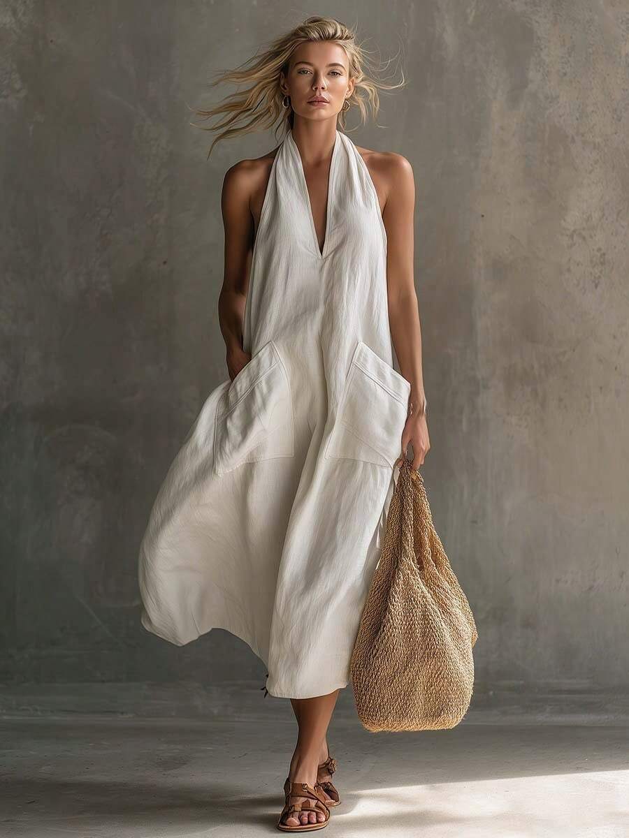KZKZWK Women's Halter Neck Linen Maxi Dress, Sold Out Viral Casual Dress, V-Neck Sleeveless Loose Fit Dress With Pockets, High Demand Limited Stock, Beach Co - 白色 - 查看 1