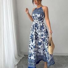 Women's Elegant Fashion Charming Beach Resort Casual Vacation Sleeveless Halter Waist Cinched Floral Print Maxi Dress (Random Floral Print) - Azul y blanco - Ver 7