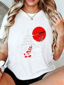 Women's T-Shirt With Asian Pagoda, Sun, And Cherry Blossom Design - Graphic Tee With Red Sun And Cherry Blossom Print, Soft And Casual Summer Top, Stylish Fashion Gift Inspired By East Asia - 白色 - 查看 1