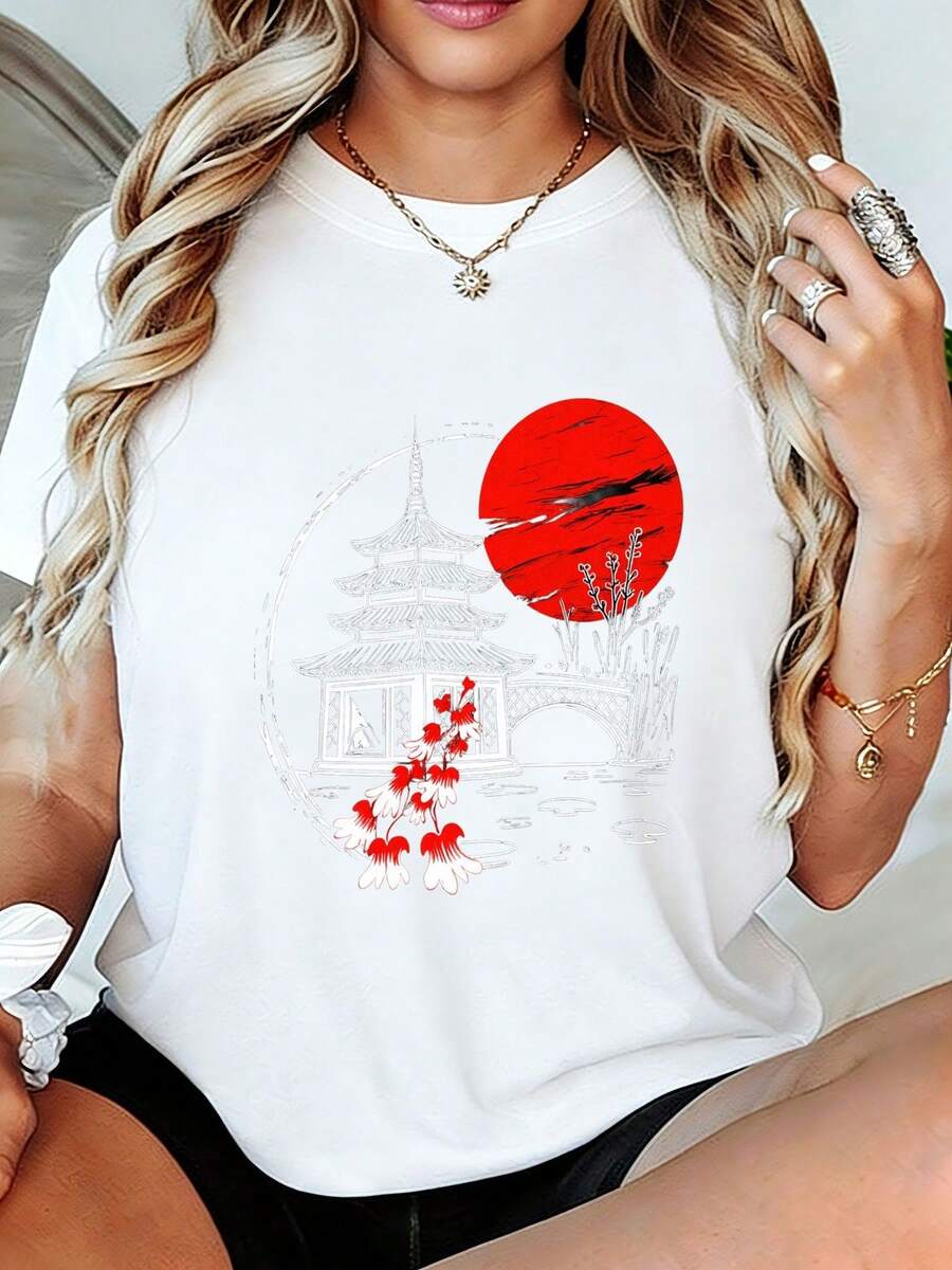 Women's T-Shirt With Asian Pagoda, Sun, And Cherry Blossom Design - Graphic Tee With Red Sun And Cherry Blossom Print, Soft And Casual Summer Top, Stylish Fashion Gift Inspired By East Asia - 白色 - 查看 1