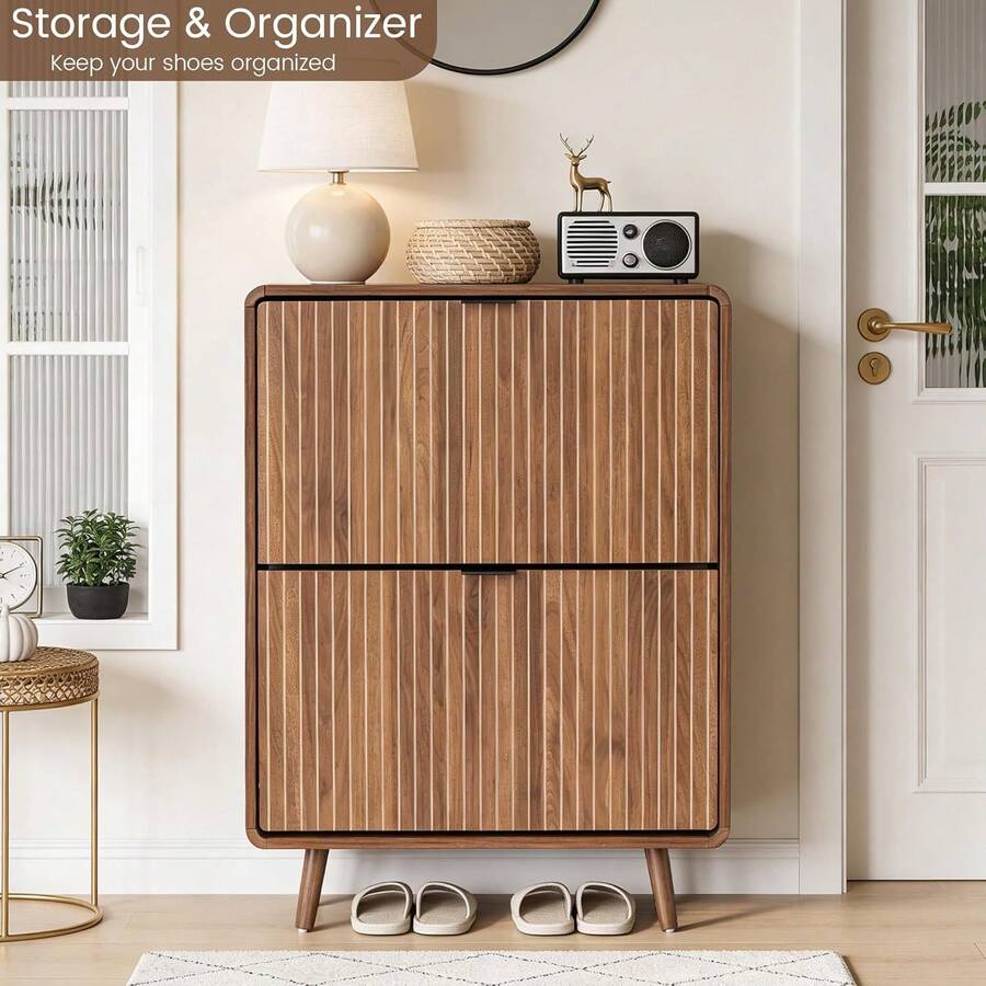 Fluted Shoe Storage Cabinet With 2 Flip Drawers, Narrow Shoe Rack Cabinet Organizer With Adjustable & Removable Shelves For Entryway (All Walnut, 2 Drawers) - 查看 1
