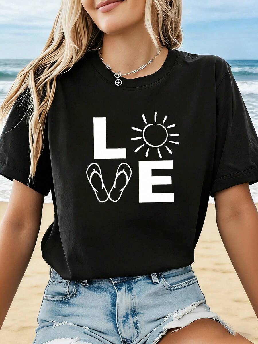 Plus Size - Plus Size - Women's Plus Size T-Shirt With LOVE Graphic Print, Casual Short Sleeve Crew Neck Top For Summer And Spring, Women's Clothing - 黑色 - 查看 1