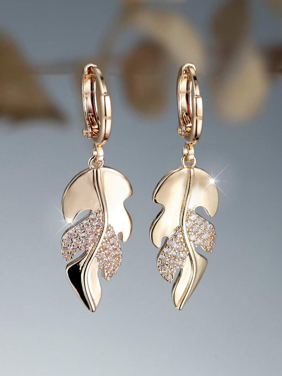 Vanel 1 Đôi bông tai khoen tròn hình lông vũ màu vàng ánh kim đính đá Cubic Zirconia, trang sức thời trang lấy cảm hứng từ thiên nhiên, thích hợp đeo hàng ngày. - vàng trắng - Xem 1