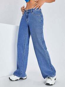ICON Solid Color Wide Leg Pocket Jeans, Casual And Versatile - 中等水洗藍 - 查看 8