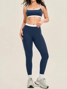 NcmRyu Women's Contrast Color Adjustable Strap Backless Bra And Tight Pants Sports Suit, 1 Set - Blue - View 5