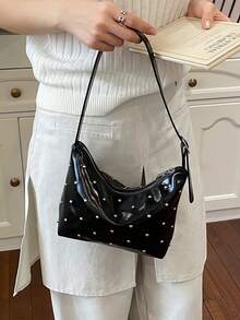 Bolso bandolera de moda BEIKAMU con decoración de remaches, correa de hombro ajustable, cierre con cremallera, versátil, adecuado para universidad, ir al trabajo, compras, paseos, uso diario - Negro - Ver 2