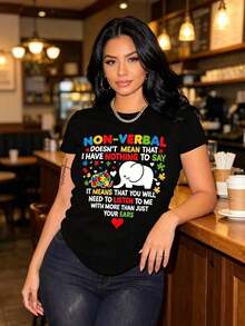Cotton T-Shirt With Mexican Art Print And Autism Puzzle, Casual Style, Short Sleeve, Round Neck, Fashion For All Seasons, Women's Clothing, Matching Family T-Shirt - 黑色 - 查看 5