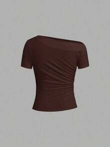 Camiseta de moda de manga corta con hombros oblicuos y ajustada de unicolor para mujer, verano - Multicolor 2 - Ver 5