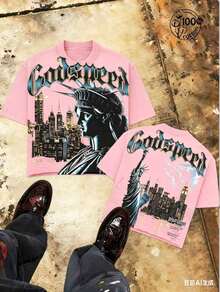 "Godspeed" Title - Oversized Distressed Print T-Shirt With Statue Of Liberty Pattern In The Night, Men's Short Sleeve, 100% Cotton, Loose Fit, Y2K Street Retro Casual Urban Aesthetics, 100% Cotton Pullover. Gift. - 粉色 - 查看 1