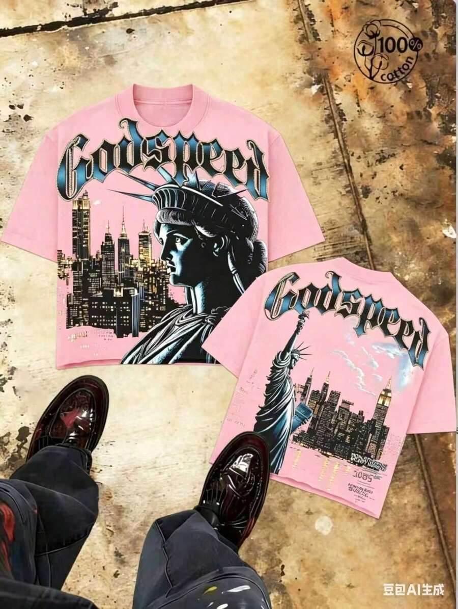 "Godspeed" Title - Oversized Distressed Print T-Shirt With Statue Of Liberty Pattern In The Night, Men's Short Sleeve, 100% Cotton, Loose Fit, Y2K Street Retro Casual Urban Aesthetics, 100% Cotton Pullover. Gift. - 粉色 - 查看 1