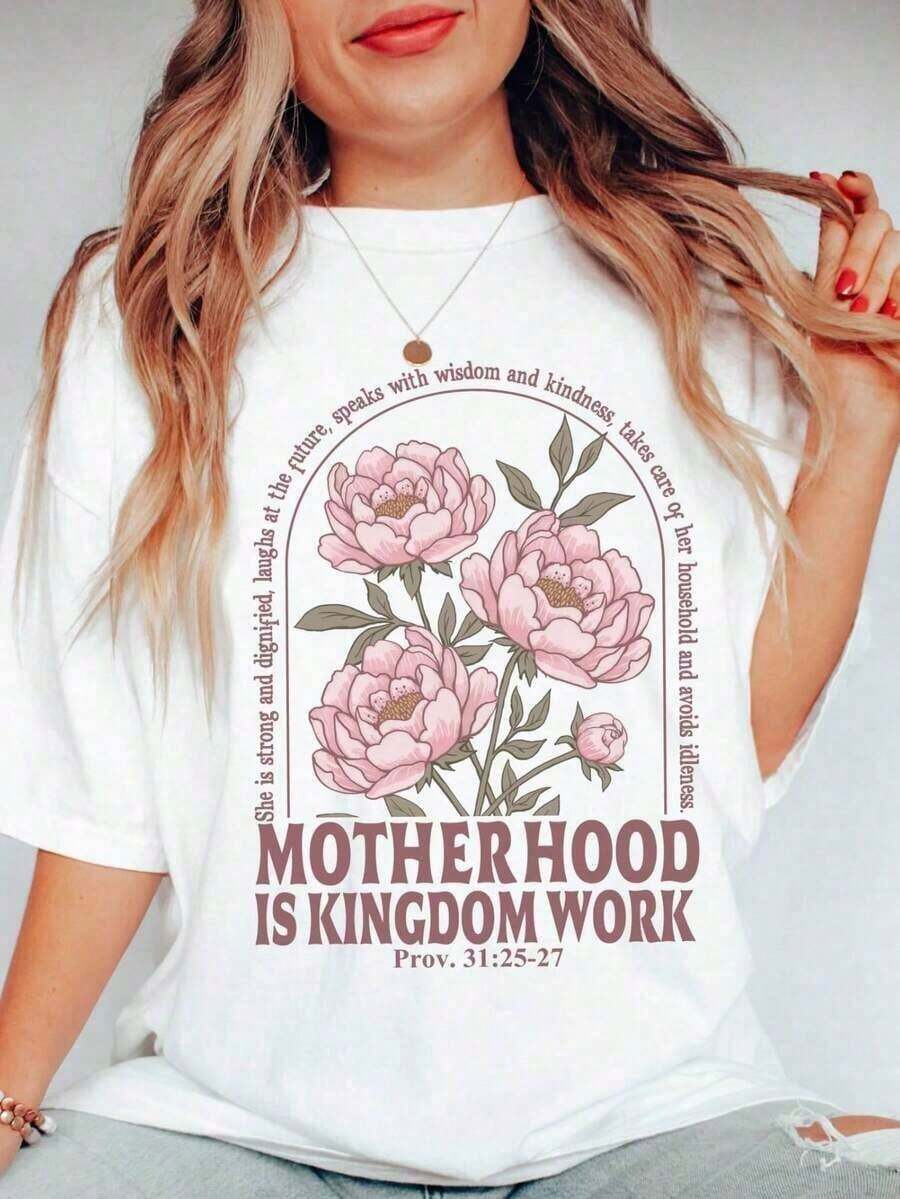 1 pieza Artsadd Camiseta Retro "La Maternidad Es Trabajo de Reino", Camiseta para el Día de la Madre, Regalo para Mamá Cristiana, Camiseta Religiosa Boho Floral con Citas Bíblicas, Camiseta "Vida de Mamá" Estética Y2K para Mujer con Estampado de Letras, Manga Corta, 180g 100% Algodón - 1-blanco - Ver 1