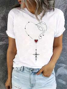 Camiseta Casual de Manga Corta con Cuello Redondo para Mujer - Estampado de Corazones y Cruces con Diseño de Dibujos Caprichosos, Tela Transpirable de Elasticidad Media, Lavable a Máquina, Top de Primavera Verano, Camisetas Bonitas, Camiseta de Corte Relajado, Tela Cómoda - Blanco - Ver 10
