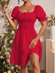 Vestido de mujer de manga corta con cuello cuadrado de unicolor, de moda para el verano - Rojo - Ver 6