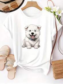 Camiseta de mujer con estampado de cachorro, camiseta de manga corta, top de cuello redondo para mujer, camiseta casual, adecuada para uso diario en primavera/verano, ropa de mujer. - Blanco - Ver 6