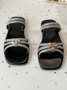 Kids' Rhinestone Multi-Strap Square Toe Flat Slide Sandals, Open Toe Slip-On Summer Casual Fashion Slides For Girls - Black - View 6