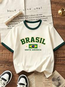 Mädchen Farbblock-Besatz Brasilien-Muster T-Shirt, atmungsaktives Kurzarm Lässig Weltmeisterschaft Fan Top - Aprikosenfarben - Übersicht 3