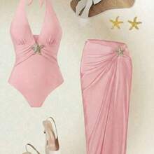 Swim Oasis 2pcs/Set New 2025 Women Solid Color Halter Swimsuit & Mesh Long Skirt Beach Resort Summer Swimsuit Outfit White - Rosa - Ver 1