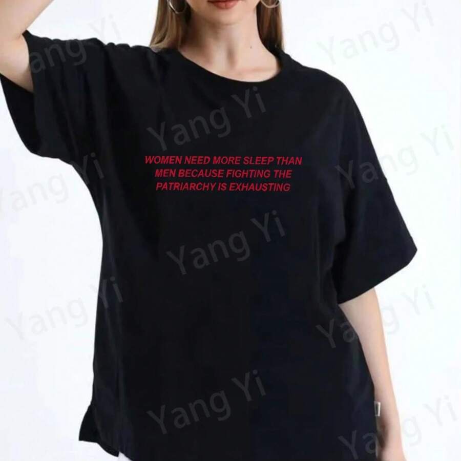 Camiseta Unisex con Estampado de Texto Humorístico, Cuello Redondo, Manga Corta, Diseño Harajuku Casual, Ideal para Verano - Negro - Ver 1