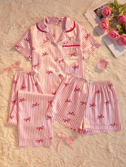 Women's Summer Pajama Set, Satin Fabric, Cute & Comfortable, Loose Striped Floral Print With Bow Decor, Patch Pocket, Front Button, Collar Design, Short Sleeve Top & Short/Long Pants 3-Piece Set