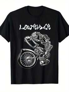 Camiseta de hombre de alta resistencia% algodón de corte bajo - Corte holgado con estampado de calavera de motociclista y la inscripción LOWRIDER - Camiseta transpirable de estilo urbano de verano adecuada para entusiastas (lavable aáquina). - Negro - Ver 2