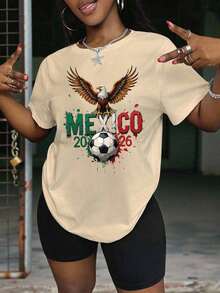 Mexico 2026 Eagle Print T-Shirt, World Cup Theme, Loose Fit, Short Sleeve, Casual Sporty Style, Women's Summer Graphic T-Shirts - 杏 - 查看 7