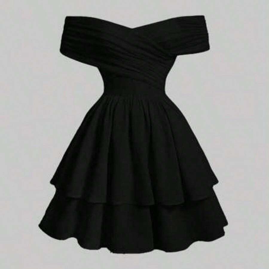 MOD Women's Solid Color Off Shoulder Layered Ruffle Dress,Sun Dress,Summer Dresses For Women - Negro - Ver 1