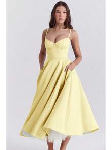 Vestido midi de satén con escote de corazón, vestido de graduación con tirantes finos y vuelo con bolsillos para bodas y eventos formales - Amarillo - Ver 2