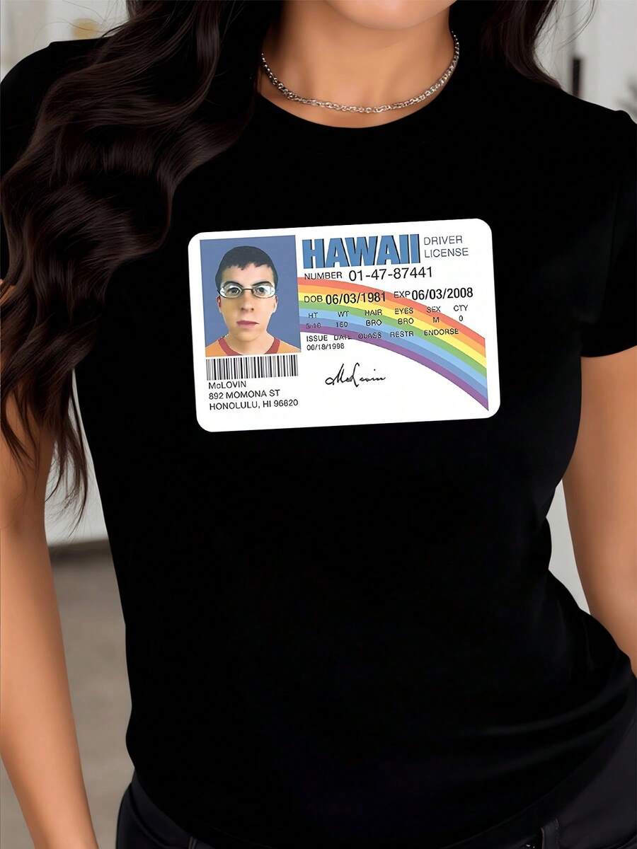 Colorful Hawaiian Driver's License Card Symbolizing Identity, Freedom, And Tropical Fun On A Dark Background Creating A Modern And Eye-Catching Effect. A  And Comfortable Casual Women's T-Shirt For Everyday Wear. - Black - View 1