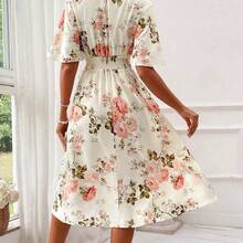 Boho Chic Blue Floral Print Shirred Waist A Line Midi Dress For Women With V Neck And Puff Sleeves - Rojo - Ver 3