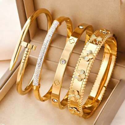 4pcs/Set 18K Gold Plated Starry Four-Leaf Clover Rhinestone Bangle Bracelet Set, Elegant Jewelry Set For Women, Waterproof & Fade-Resistant, Versatile Daily/Occasion Wear, Perfect Gift For Graduation, Vacation