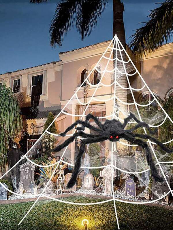 1set-Halloween Spider Web Decorations ,Giant Spider Web, 16.4 X 16 Ft Triangular Spider Web +Scary Giant Spider And 20g Web+2 Small Spiders,Halloween Decorations Stretch Cobweb Fake Spider For Indoor/Outdoor Yard Decorations
