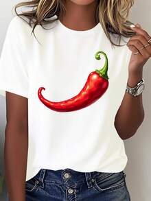 Camiseturara Mujer con Estampado Realista de Chile Rojo - Blusa Casual de Manga Corta y Cuello Redondo, Diseño de Chile Rojo - 100% uste para Atuendo Casual, Ropara Todas las Estaciones (Diseño de Chile Rojo) - Blanco - Ver 2