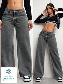 ICON Solid Color Wide Leg Pocket Jeans, Casual And Versatile - 灰色 2 - 查看 7