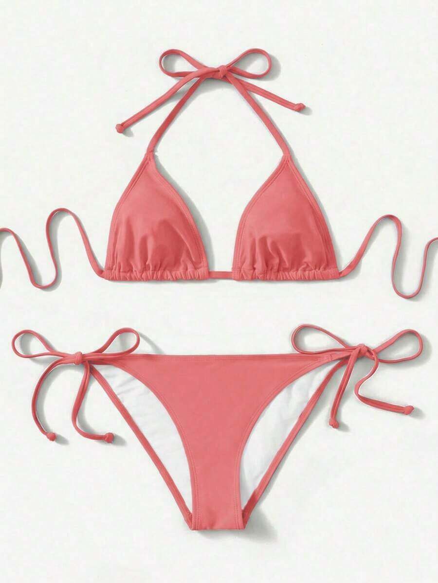 Women's Simple Solid Color Swim Bikini With A Halter Neck And Cutout, Suitable For Beach Vacations And Summer. - Old Rose - View 1
