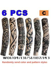6pcs/Set Men's Sunscreen Tattoo Arm Sleeves, Summer Ice Silk Tattoo Cover Arm Warmers, Suitable For Fishing, Cycling And Outdoor Activities, Summer Essential (Patterns And Color Styles Sent Randomly) - A - View 15