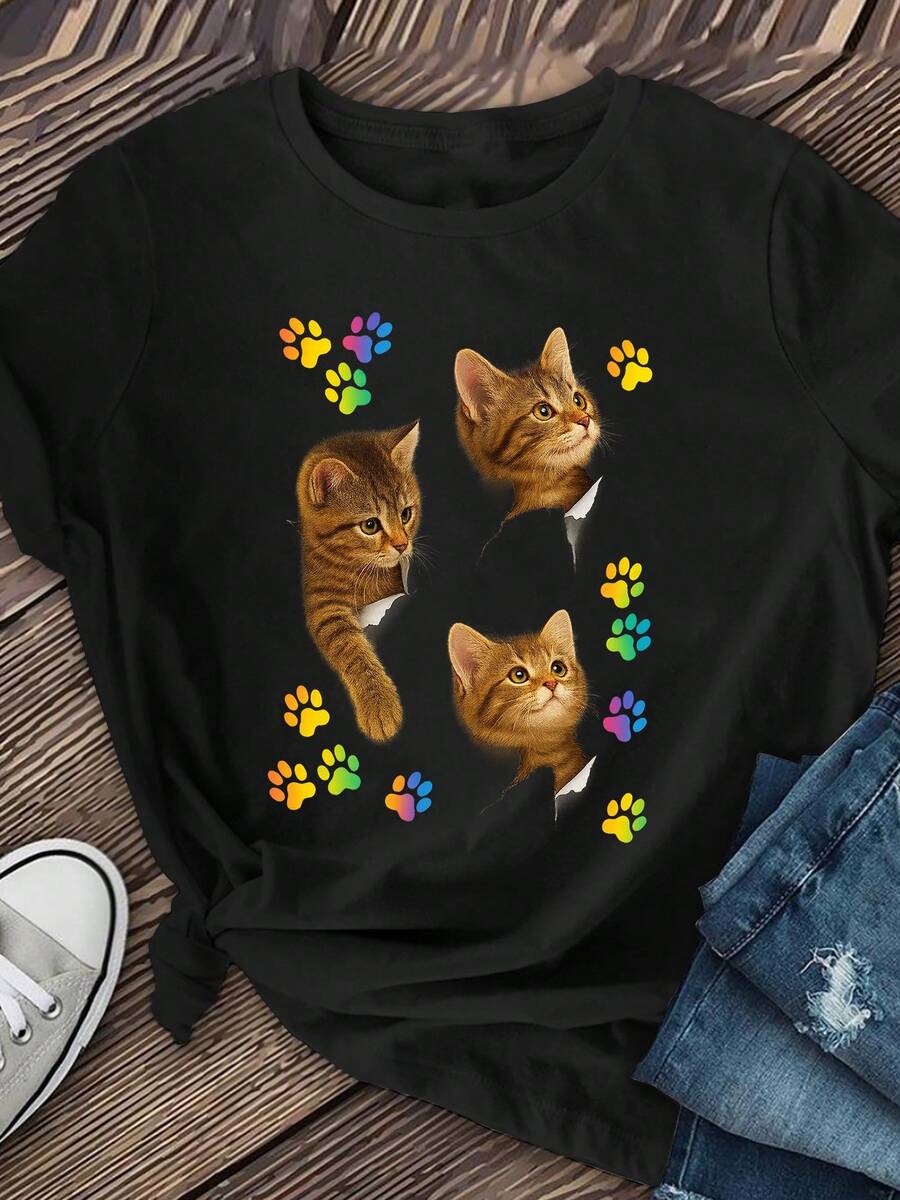 1 camiseta casual suave y elástica para mujer - diseño con estampado de gato atigrado y pata de arcoíris, top de manga corta con cuello redondo y transpirable, lavable a máquina, adecuada para el uso diario de amantes de mascotas en todas las estaciones, corte holgado con divertido estampado de animales, tela duradera de 180g 100% algodón. - Negro - Ver 1