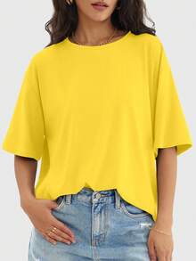 Speed mate Women's Loose T-Shirt Short Sleeve Round Neck Top, Casual Y2K Shirt, Basic Style For Summer Sports - Yellow - View 4