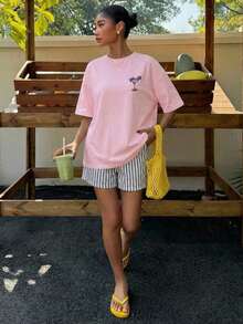 Women's Casual Loose Fit Beach T-Shirt With Lobster Stripe And Letter Print, Summer Beach Shirt, Pastel Colors, Suitable For Vacations, Graduation Trips, Beach Parties, Music Festivals - 淡粉紅色 2 - 查看 6