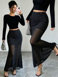 Women's Fashionable And Elegant Sequin Fitted Midi Skirt, Machine Washable Polyester Blend Fabric, Flattering Silhouette, Suitable For Summer Wear, Ideal For Daily, Evening Dates, Parties And Singles Events - Black - View 4