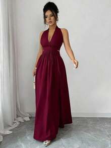 Elegante vestido sin mangas con cuello en V, diseño hueco en la cintura y pliegues, color morado, nueva llegada de primavera/verano - Burdeos - Ver 7