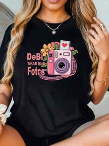 Camiseta Gráfica para Mujer - Diseño DeBi Tirar Mos Fotes Camera - Camiseta Casual de Verano para Amantes de la Fotografía - Ropa de Verano - Negro - Ver 1