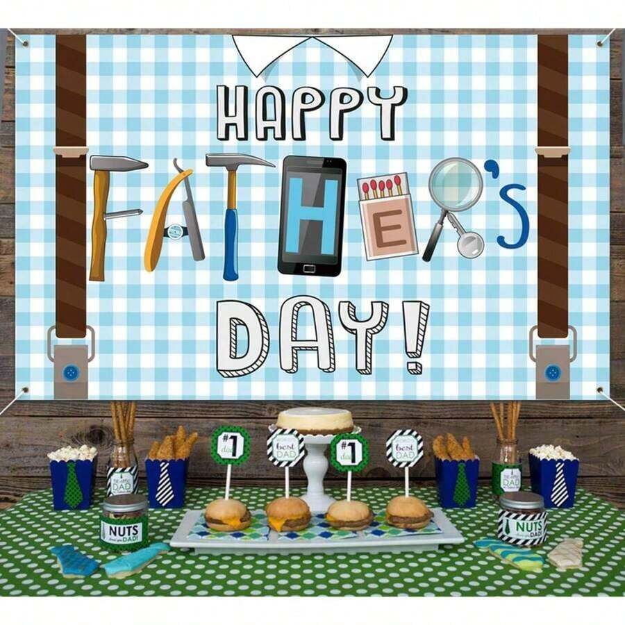 Happy Father's Day Tool Letter Polyester Tapestry, Blue Gingham & Suspenders Print Wall Hanging, "Happy Father's Day" Backdrop With Dad Tools For Celebrations.This Playful Tapestry Features A Light Blue Gingham Background With Brown Suspenders And A Shirt Collar, Paired With "Happy Father's Day" Lettering Cleverly Formed From Dad's Tools: Hammer, Razor, Smartphone, Matches, And Magnifying Glass.Made Of Lightweight Polyester, It Brings A Fun, Handyman Vibe To Any Space And Is Perfect For Photo Backdrops Or Wall Decor. - Z1 - Xem 1