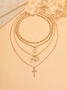 4pcs Vintage Metal Jesus Cross & Portrait Pendant Necklace Set, Multilayer Stylish Design Jewelry Suitable For Daily Wear, Travel, Party, Music Festival - Gold - View 2