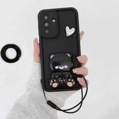 1pc Cute Lucky Bear Mirror Stand, DIY Electroplated Heart, Silicone Lanyard, Stepwise Phone Case [International Version, Not Domestic] For Android Series SX S26Ultra/S25/S24/S23/S22/S21/S20/A57/A37/A27/A17..RYX5C/X5B/X6C/X7C/X8C/A9C VIVOY04/V50/V29E/Y19S/Y39/ CY Transmission MtStransparent Shockproof Protective Cover