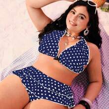 Swim Mod Plus Size Women 2pcs Black Polka Dot Print Halter Tie Sexy Beach Vacation Bikini Swimsuit - Azul Marino - Ver 1