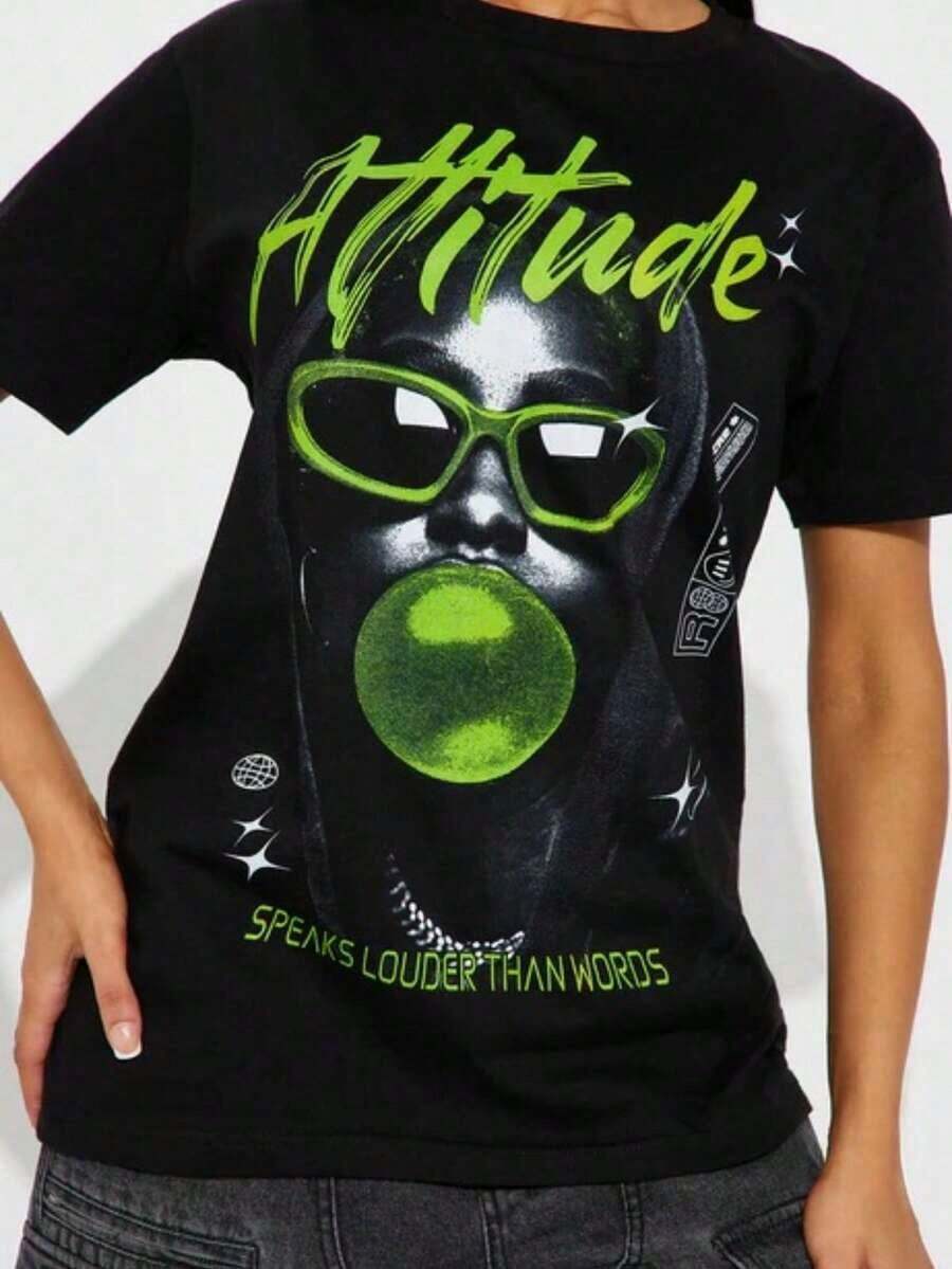 Camiseta Casual Estilo Urbano Americano, Camiseta Negra de Manga Corta, Estampada con la Imagen de una Chicle Verde que se Infla y el Lema "Las acciones hablan más fuerte que las palabras", Camiseta para Mujer, Adecuada para Mujeres que Gustan de los Estilos Y2K y Hip-Hop Urbano. 100% Algodón   Resistente - Negro - Ver 1