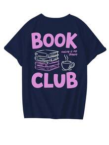Camiseta blanca de manga corta y cuello redondo con un estampado contrastante de pilas de libros en negro y rojo, moderna y versátil para mujeres. - Azul marino - Ver 3