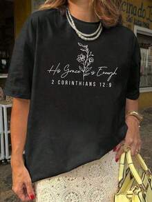 Camiseta con Estampado de Letras, Manga Corta, Cuello Redondo, Top Casual para Primavera/Verano, Personalizada, 100% Algodón - Negro - Ver 8