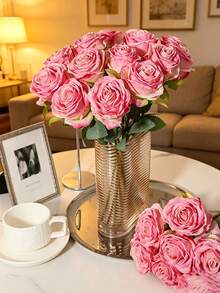 7/4/3/2/1 Pc Artificial Coral Pink Flame Rose, Mother's Day Decoration, Wedding Season, Graduation, Gift, Candlelight Dinner, Tabletop, Centerpiece, Plastic Flowers, School Dormitory Office Decoration, Outdoor Party Event Holiday Birthday Party Deco - Coral Pink - View 1