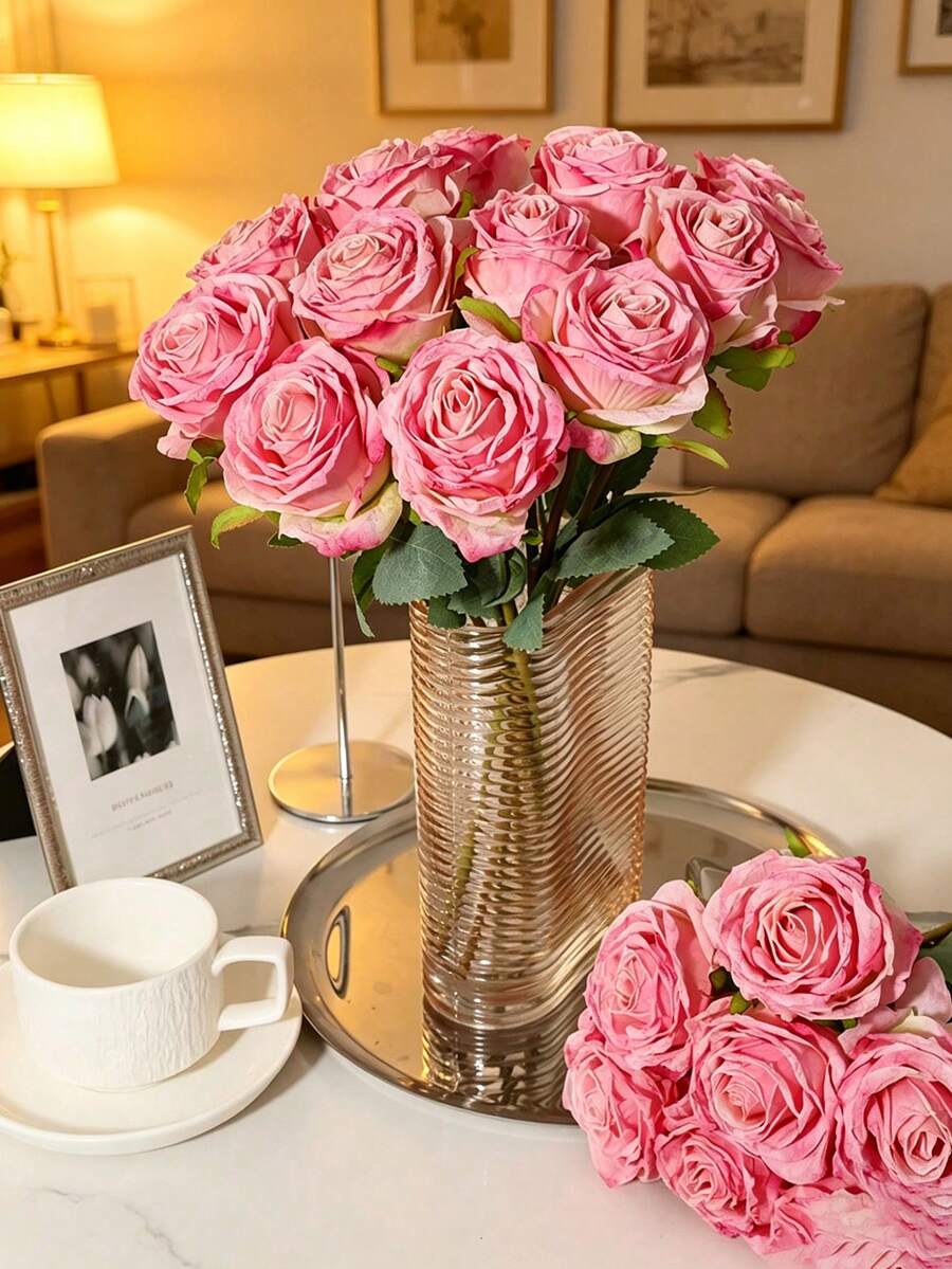 7/4/3/2/1 Pc Artificial Coral Pink Flame Rose, Mother's Day Decoration, Wedding Season, Graduation, Gift, Candlelight Dinner, Tabletop, Centerpiece, Plastic Flowers, School Dormitory Office Decoration, Outdoor Party Event Holiday Birthday Party Deco - Coral Pink - View 1
